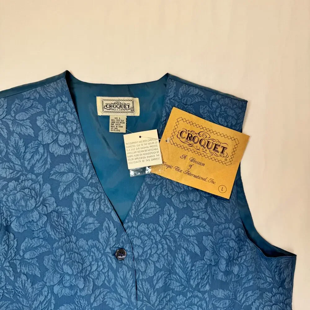 NWT Deadstock Boho Croquet Club VTG Floral Vest Blue 100% Silk Women’s Large - Picture 3 of 12